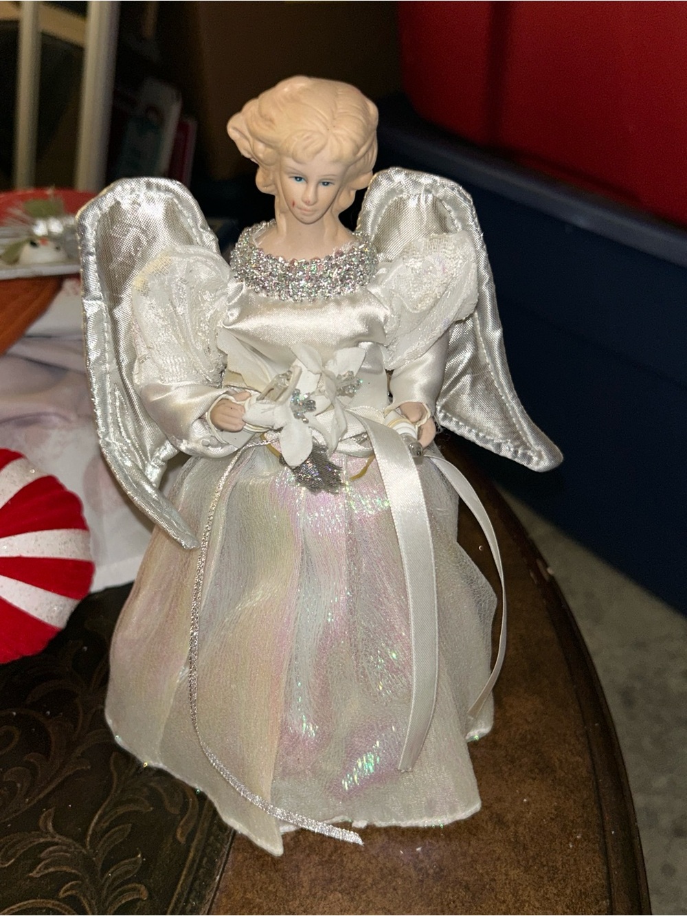 1990s White Iridescent Angel Tree Topper Holiday Figurine
